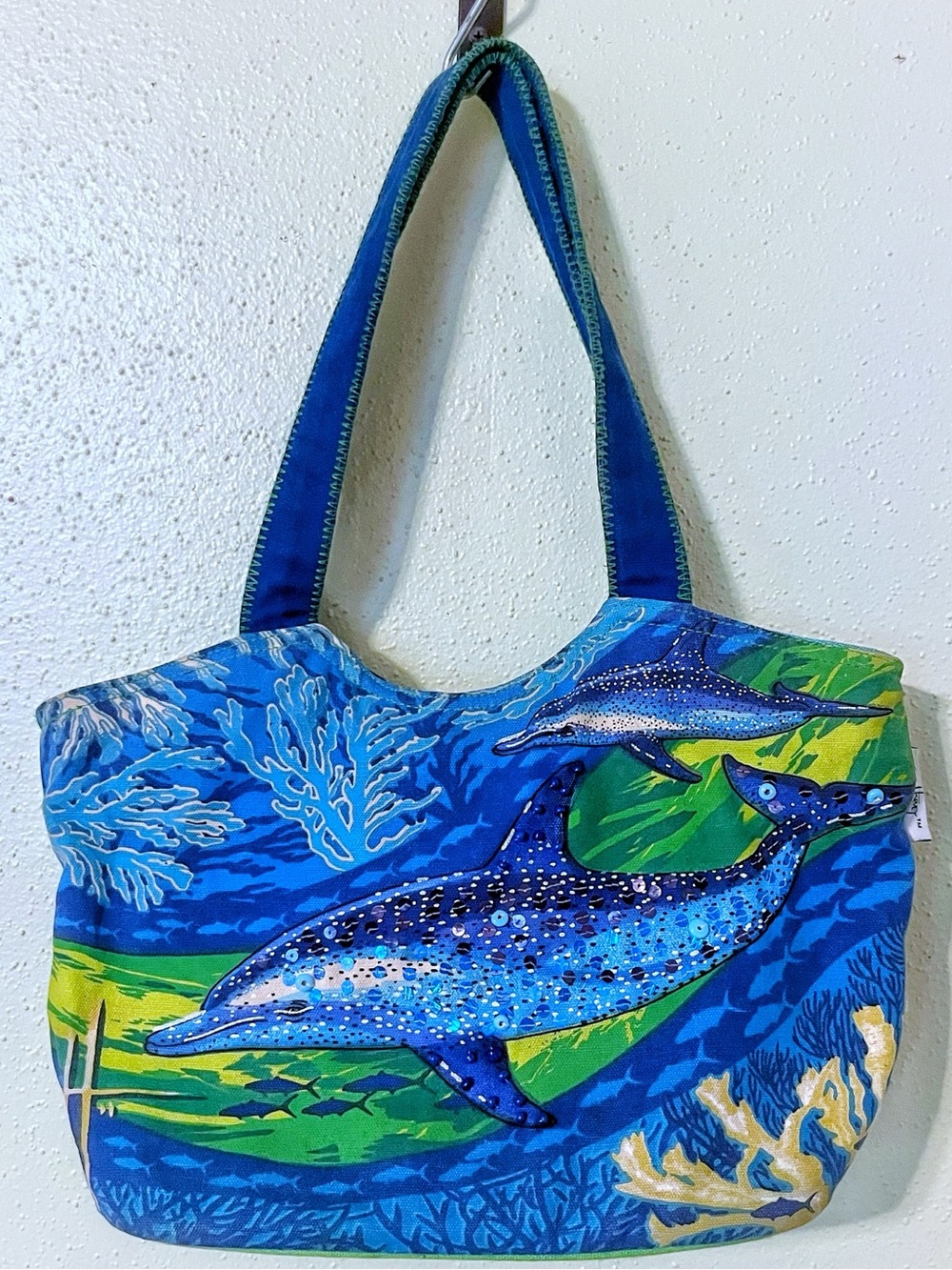 Guy Harvey Blue Dolphin Beaded Canvas Tote Bag Beach Shoulder Bag
